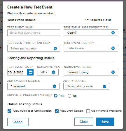 Create a New Test Event modal