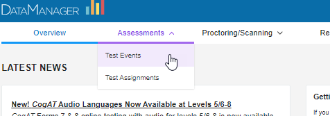 Assessments: Test Events submenu