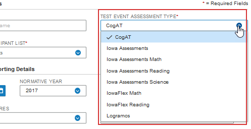 Test event assessment type selections