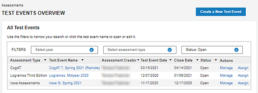 Assessments: Test Events Overview page
