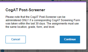CogAT Post-Screener assignment error message