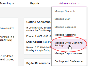 Administration menu: Manage OMR Scanning Options selected