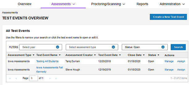 Test Events Overview Page