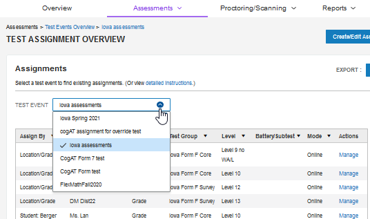 View Test Assignmnet Overview page