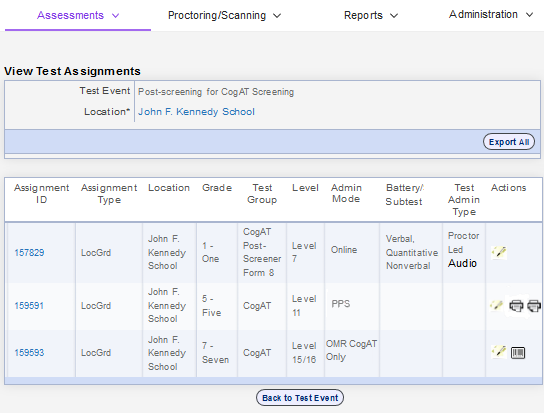 View Test Assignments page