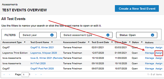 OMR view of Test Events overview page