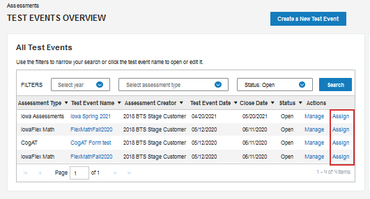 From the Test Events Overview page, click Assign