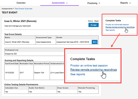 Test Events Overview Page, link to Teacher Grade Book selected in Complete Tasks box