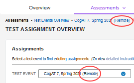 Remote testing indicators on the test assignments overview page