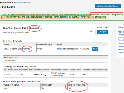 Indicators of remote administration on the Test Event detail page