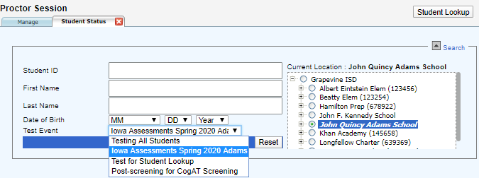 Student Status page search fields