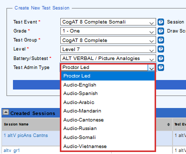 Test Admin Type field for test session additional languages
