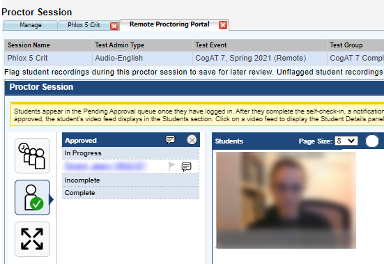 Proctor view after student approved and in-progress