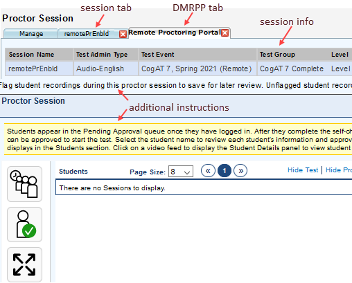 Remote Proctoring Portal tab on the Proctor Session page, no students signed in