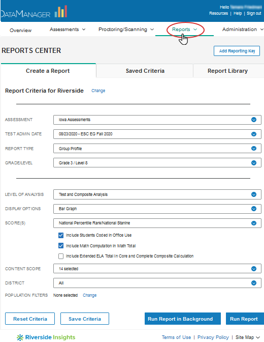 Reports Center: Create a Report tab