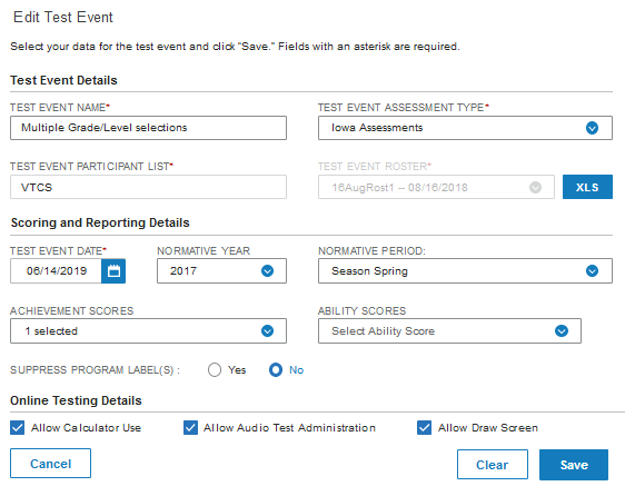 Edit Test Event modal