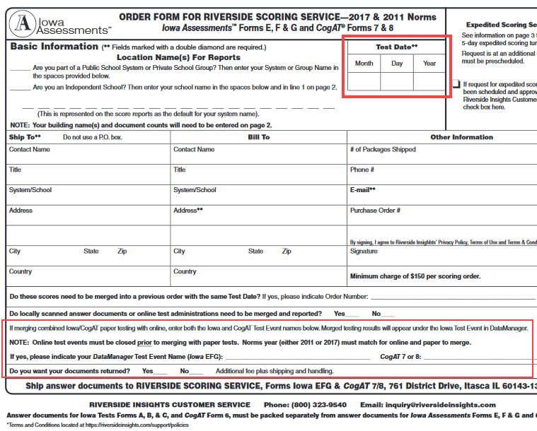 Order for Scoring Services, key date information outlined, plus relevant instructions for merging multimode test administrations