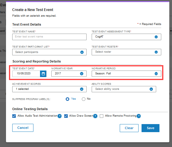 Create a New Test Event form with date fields boxed in red