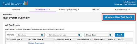 Test Events Overview page: Create a New Test Event button