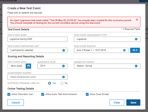 Error message for preventing creating a new test event when an open one exists