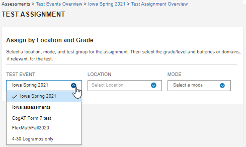 Create a new test assignment, test event selection