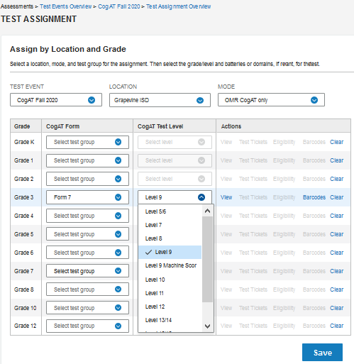 CogAT table for OMR assignments