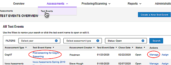 Test Events Overview page link to creating a session scan