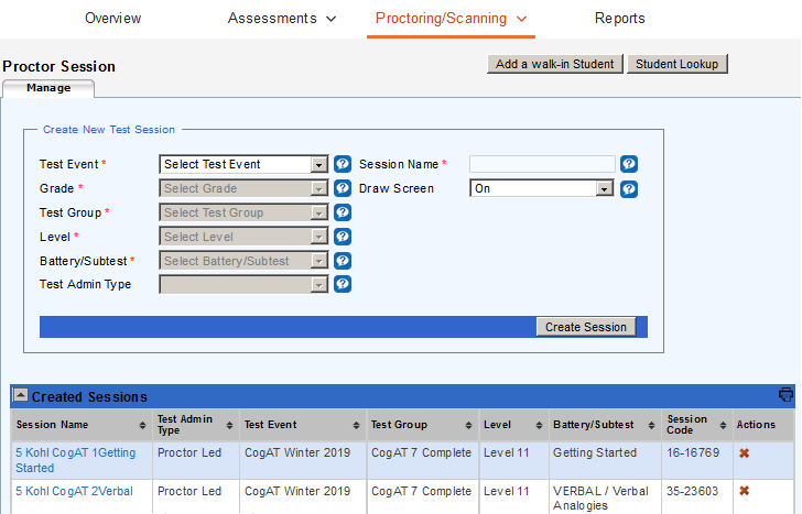 Proctor Session page for Teachers and Admins