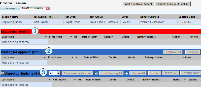 Proctor Session tab