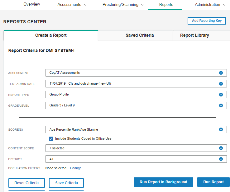 Reports Center: Create a Report tab